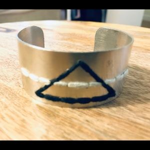 Silver Cuff w White and Black Sewn String